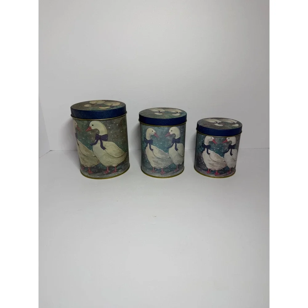 Vintage Snow Geese Nesting Tin Canisters Set of 3 Blue Ribbon Cottagecore Decor